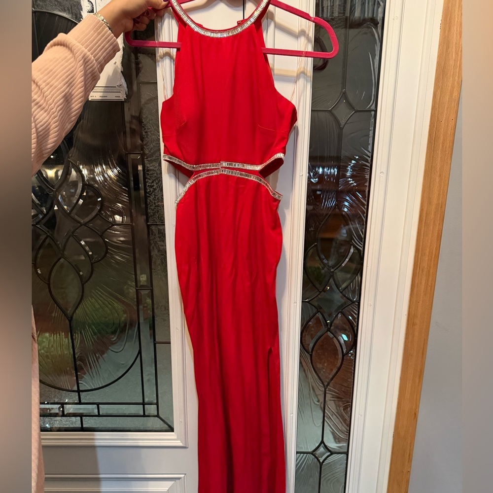 Red Sleeveless Cutout Evening Gown with Beaded Waist
